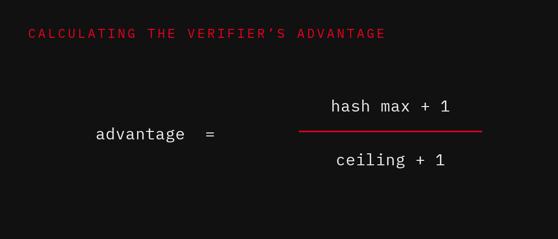 Calculating the verifier's advantage: advantage equals hash max plus one, divided by ceiling plus one